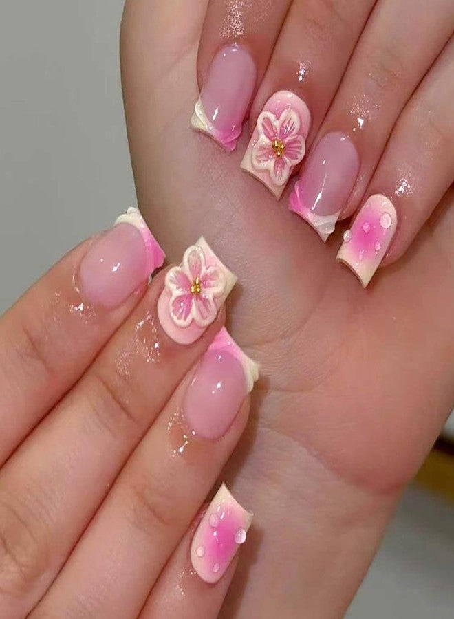 Vopintpy 3D Flower French Tip Press on Nails Blush Gradient Fake Nails Cute Short Square Acrylic Glue on Nail Glossy Full Cover Artificial Stick on Nail for Women DIY Manicure - Image 1
